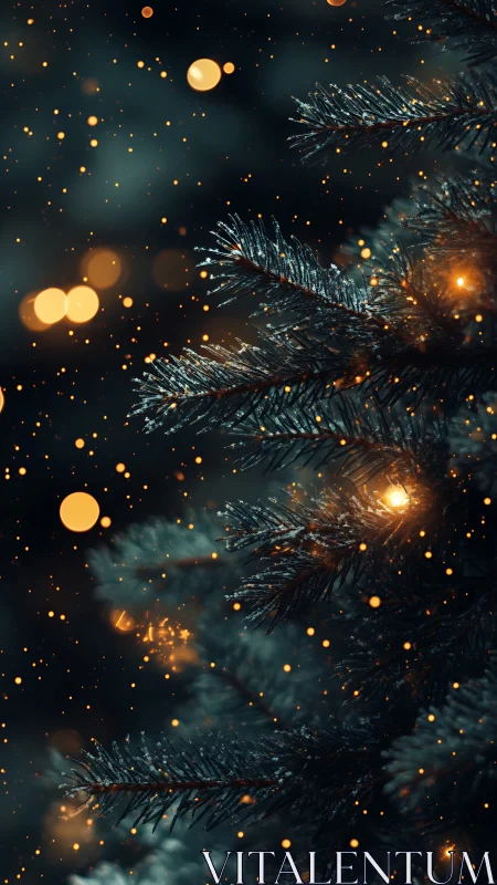 Gentle winter tree glows softly with golden holiday lights