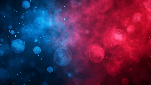 Glowing red and blue spheres drift through an abstract mist