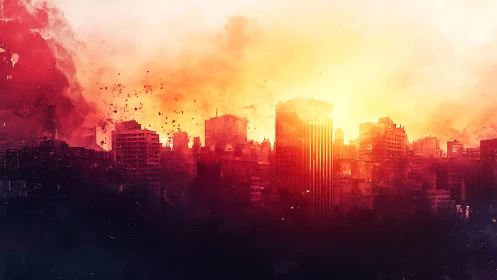 Burning city skyline dissolves into blazing apocalyptic light