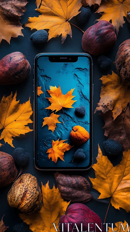 Smartphone with autumn leaves and gourds on dark surface.