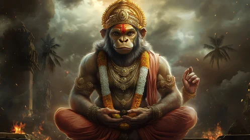 Digital rendering depicts seated anthropomorphic monkey deity figure