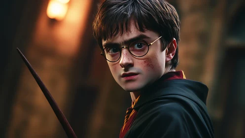 Young wizard holds wand under warm castle torchlight.