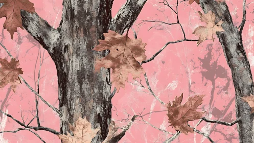 Soft woodland trunks and drifting leaves on rosy sky.