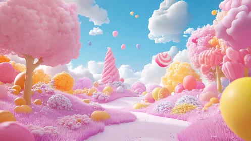 Candy Landscape With Pink Trees And Pastel Spheres.