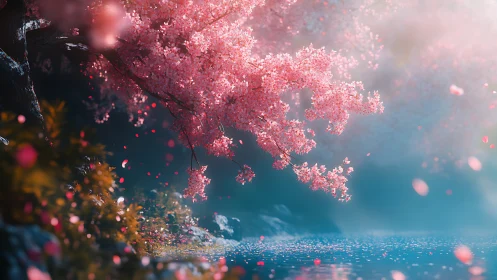 Dreamlike cherry blossoms drift above a tranquil blue river.