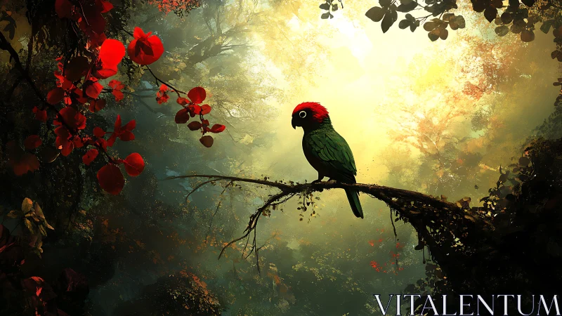 Forest spotlight crowns the crimson-crested jungle sentinel