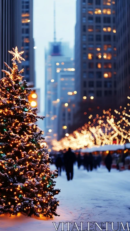 Snowlit city Christmas tree glows against winter twilight.