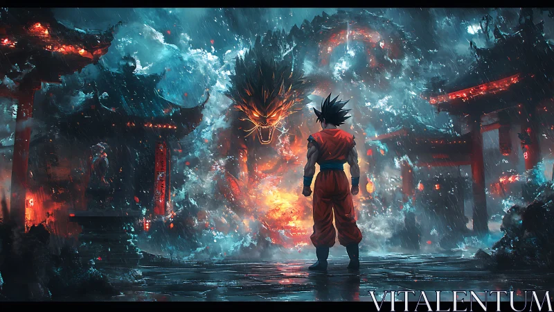 Digital painting showdown with elemental dragon in neon storm.