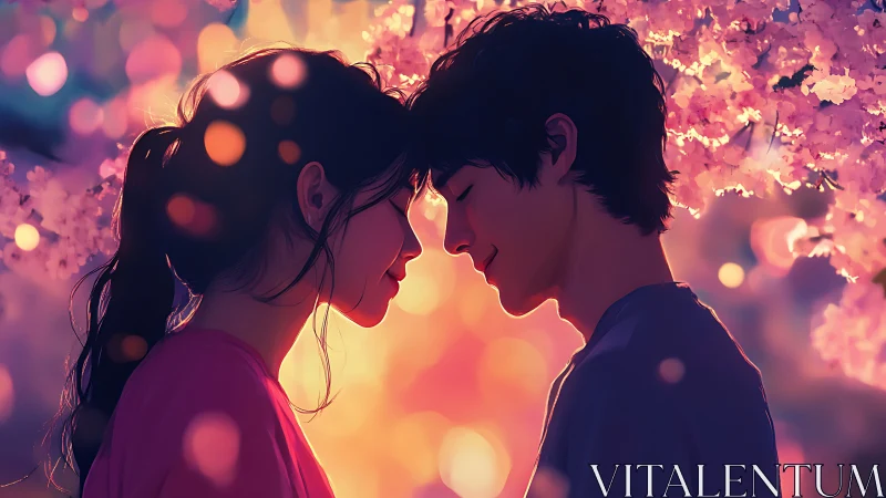 Romantic anime couple under glowing cherry blossom bokeh