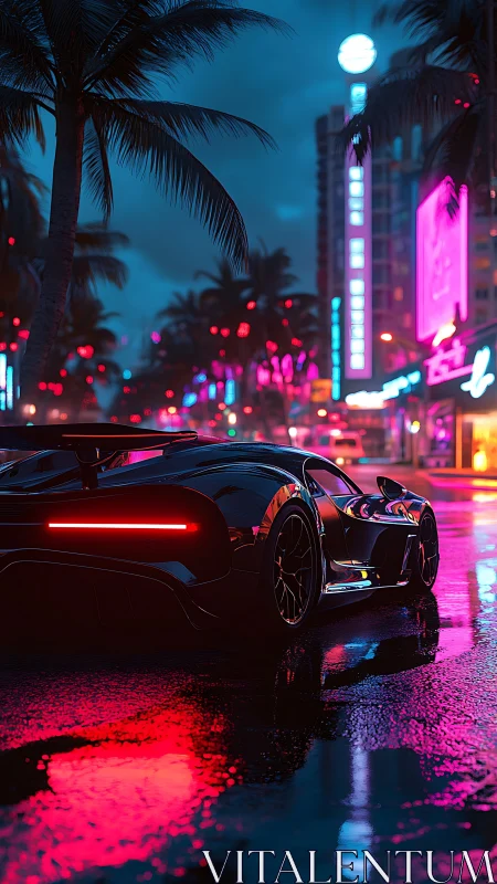 Midnight hypercar under neon city lights and wet reflections.