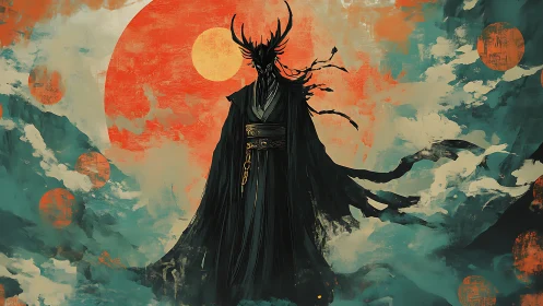 Antlered shadow warlord before stratified crimson suns.