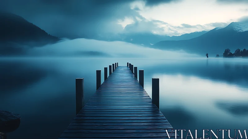 Cinematic photoreal pier in misted alpine lake perspective.
