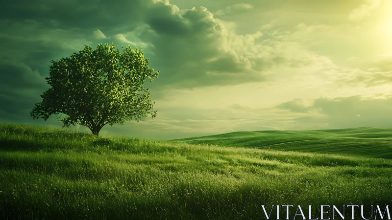 Solitary green tree basking in rolling sunlit dreamfields.