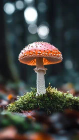 Forest glow rises from a single red mushroom on moss