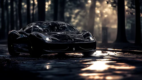 Black supercar slices through misty forest road at dawn.