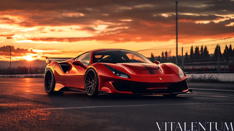 Red Italian supercar cuts sleek silhouette under fiery sunset.