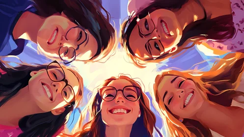 Friends Smiling in a Circle, Vibrant Digital Painting Style.