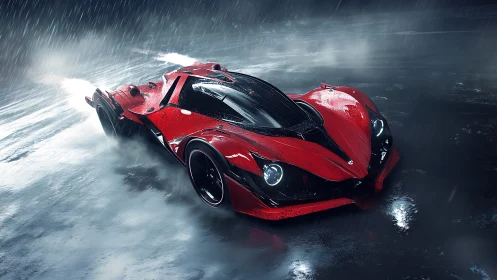 Aerodynamic red hypercar drifts on wet asphalt under dynamic rain