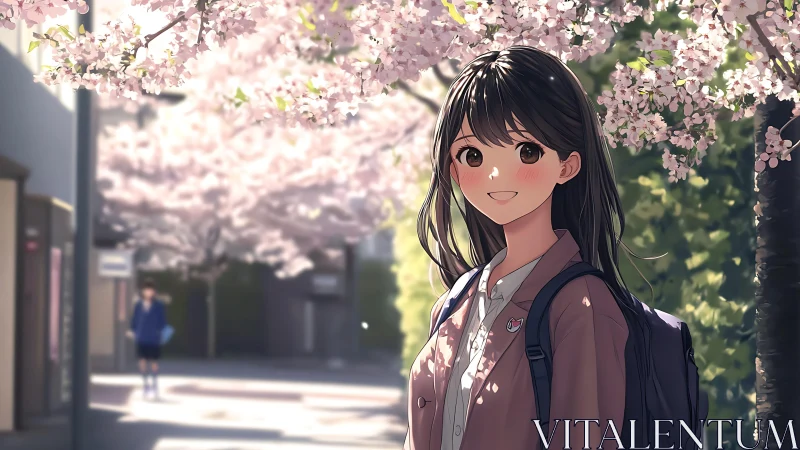 Smiling schoolgirl under luminous cherry blossoms in springtime.