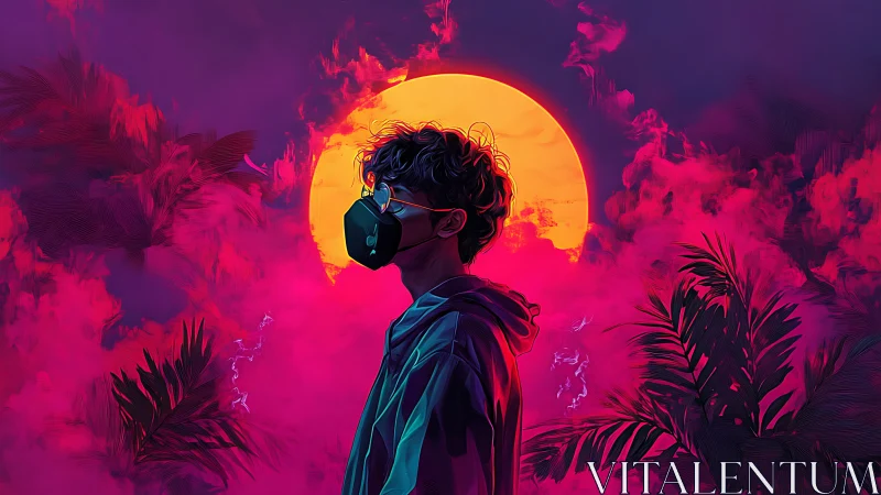 Neon dusk portrait of masked youth before burning sun.