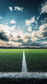 Central touchline divides photorealistic football pitch under dramatic sky