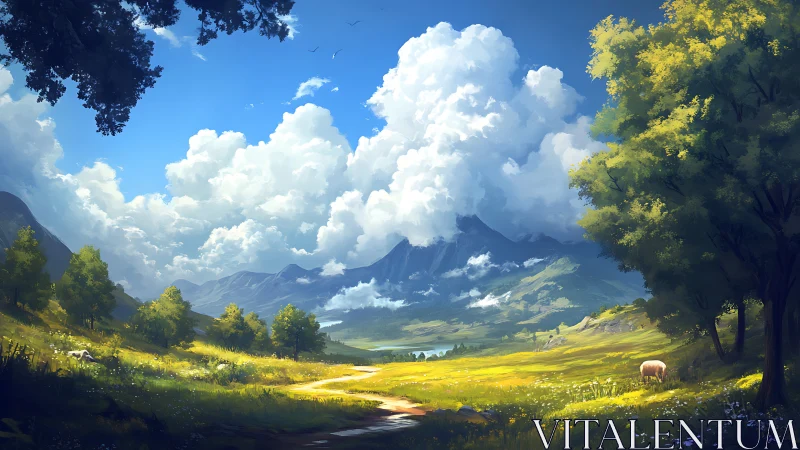 Digital landscape shows valley, distant mountains and clouds