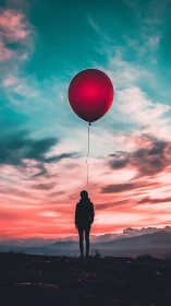 Silhouette figure beneath red balloon at cyan magenta dusk.