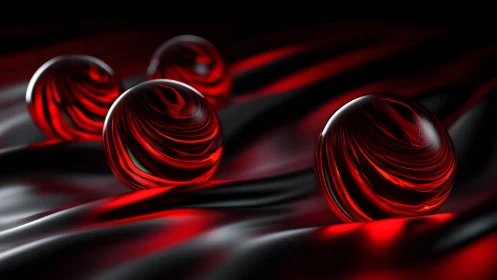 Glossy red and black marbled spheres on silky fabric, digital art.