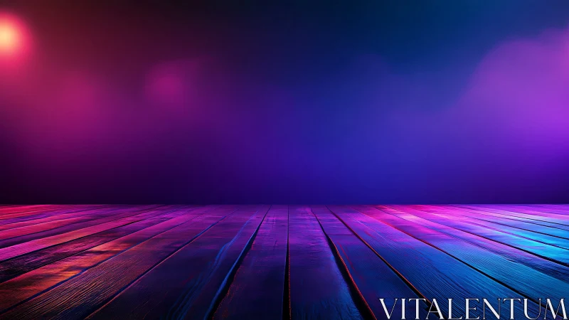 Colored light on wooden floor with empty gradient backdrop.
