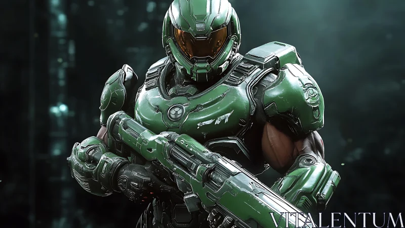 Heavily armored sci fi trooper in green exosuit with rifle raised