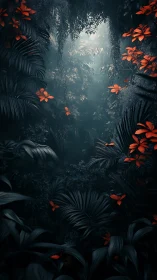 Mystical jungle glows with deep teal leaves and red blooms