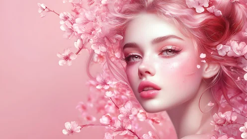 Chromatic portrait of sakura-infused girl in pink gamut.