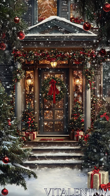 Snowy townhouse entrance wrapped in glowing Christmas decor.