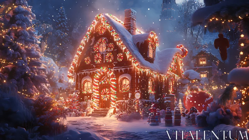 Candy windows and snowlit gingerbread glow through winter hush