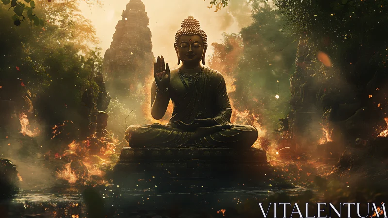 Buddha statue sits in jungle clearing amid controlled fires