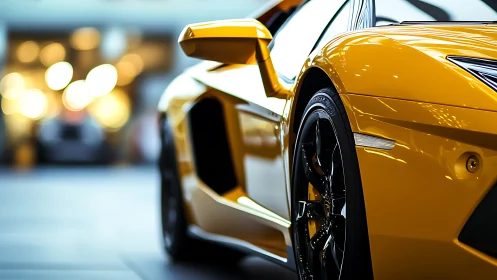 Golden sports car gleaming with polished city showroom light.