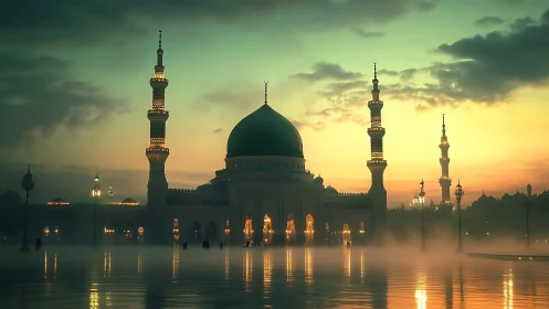Green-domed mosque glows through mist at golden sunrise
