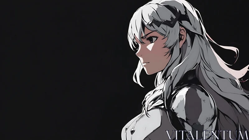 Calm silver haired warrior gazing ahead with quiet resolve.