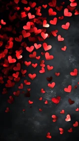 Red hearts cascade across dark textured background with dimensional bokeh