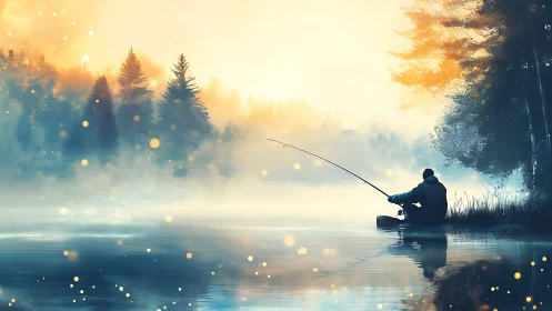 Quiet morning fisherman resting by a glowing misty lake.