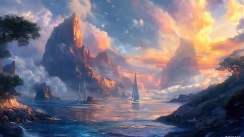 Luminous Coastal Cathedral: Ethereal Harbor Illuminated by Golden Sunset.