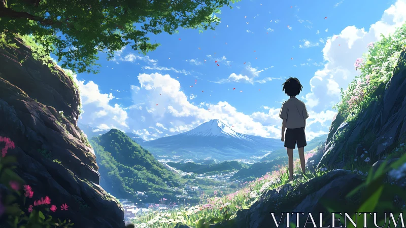 Solitary child gazes over sunlit valley and distant mountain.