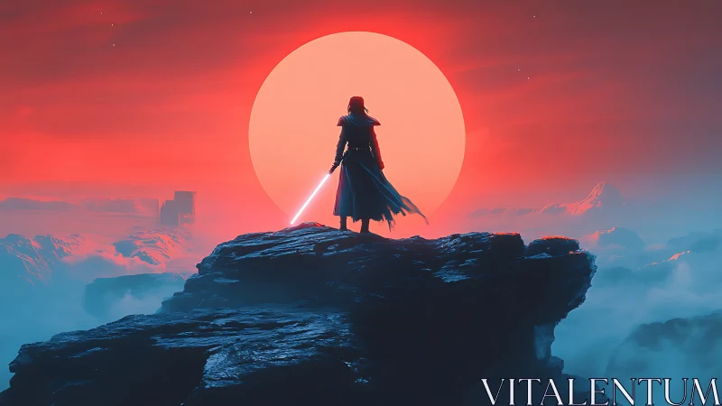 Backlit cloaked warrior surveys alien cliffs under oversized sun