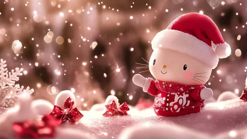 Snowy kitty in a Santa hat sharing cozy holiday cheer.