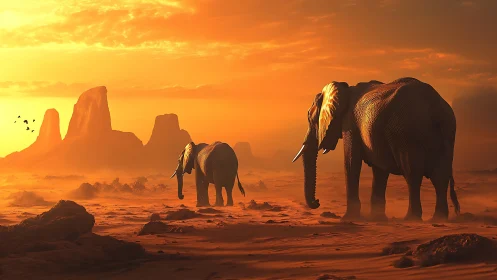Elephants traverse a sunlit desert plain in cinematic backlight