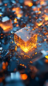 Molten crystal cube glows amid floating glass shards.