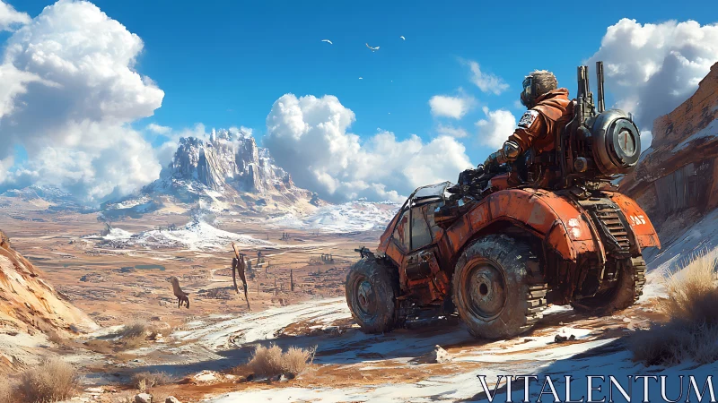 Solitary explorer on rugged rover in snowy desert basin.