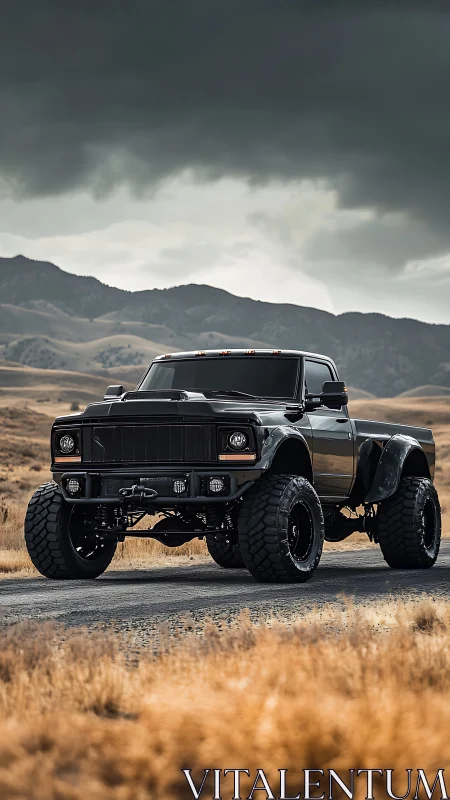 Lifted black off-road truck on rural mountain road.