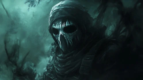 Hooded skeletal operative in teal misted battlefield environment.