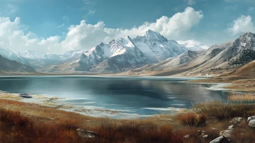 Snow crowned mountains welcome a calm reflective lakeshore